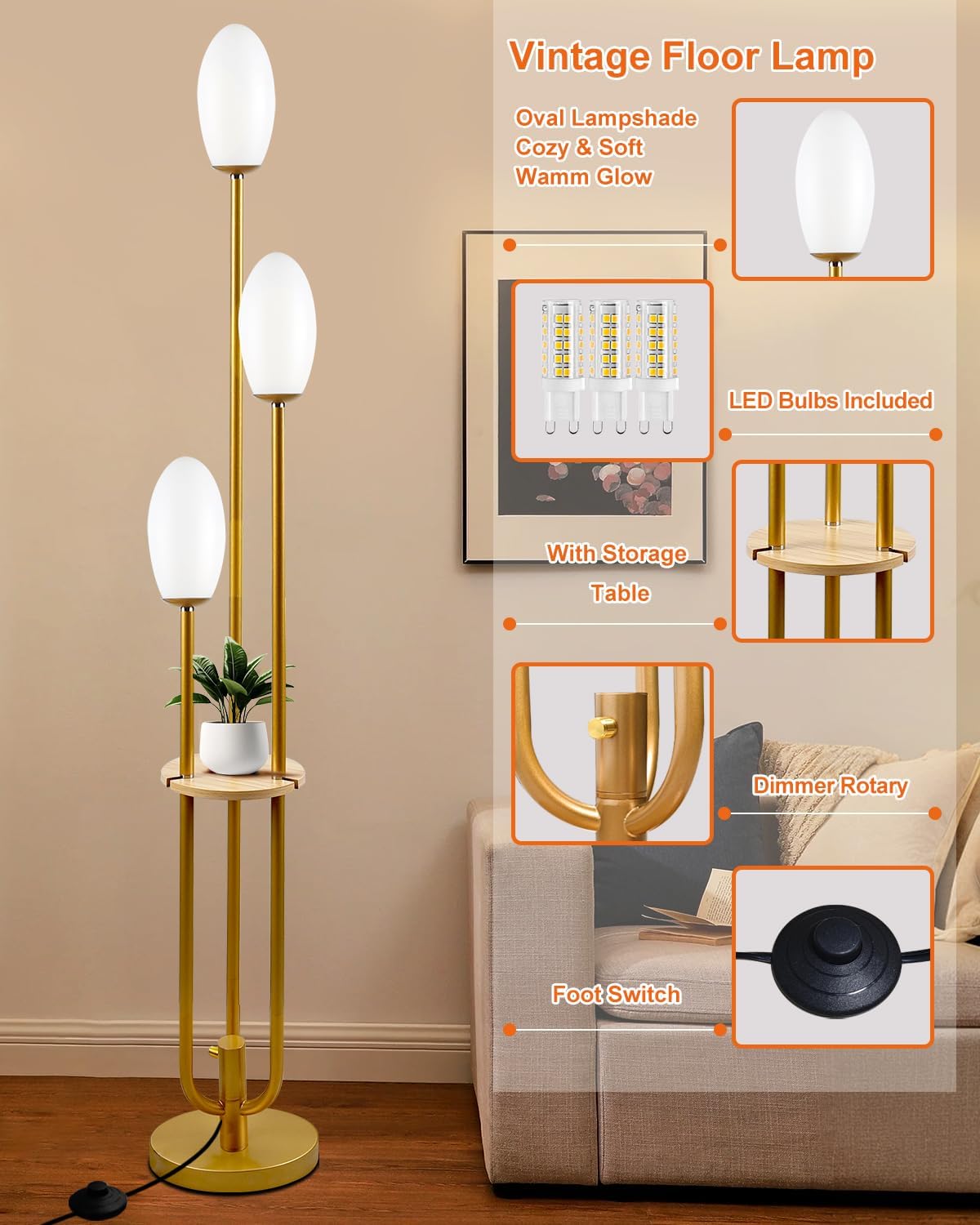 Gold Dimmable Floor Lamp with Table, Unique Candle Holder Style Tall Standing Lamps with 3000K G9 Bulbs for Reading, Mid Century Modern Floor Lamp for Living Room Bedroom Office