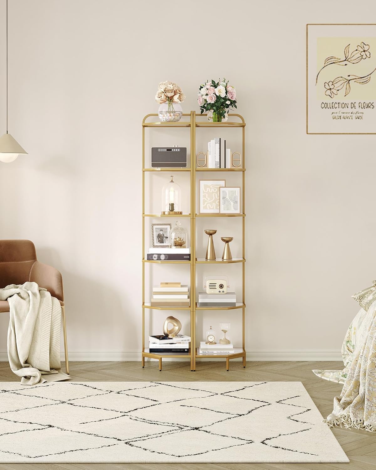 Corner Shelf Stand, 6-Tier Glass Bookshelf Bookcase, Bathroom Organizer, Plant Stand, Steel Frame, Tempered Glass, Modern Style for Living Room, Bathroom, Kitchen, Golden CS90600G