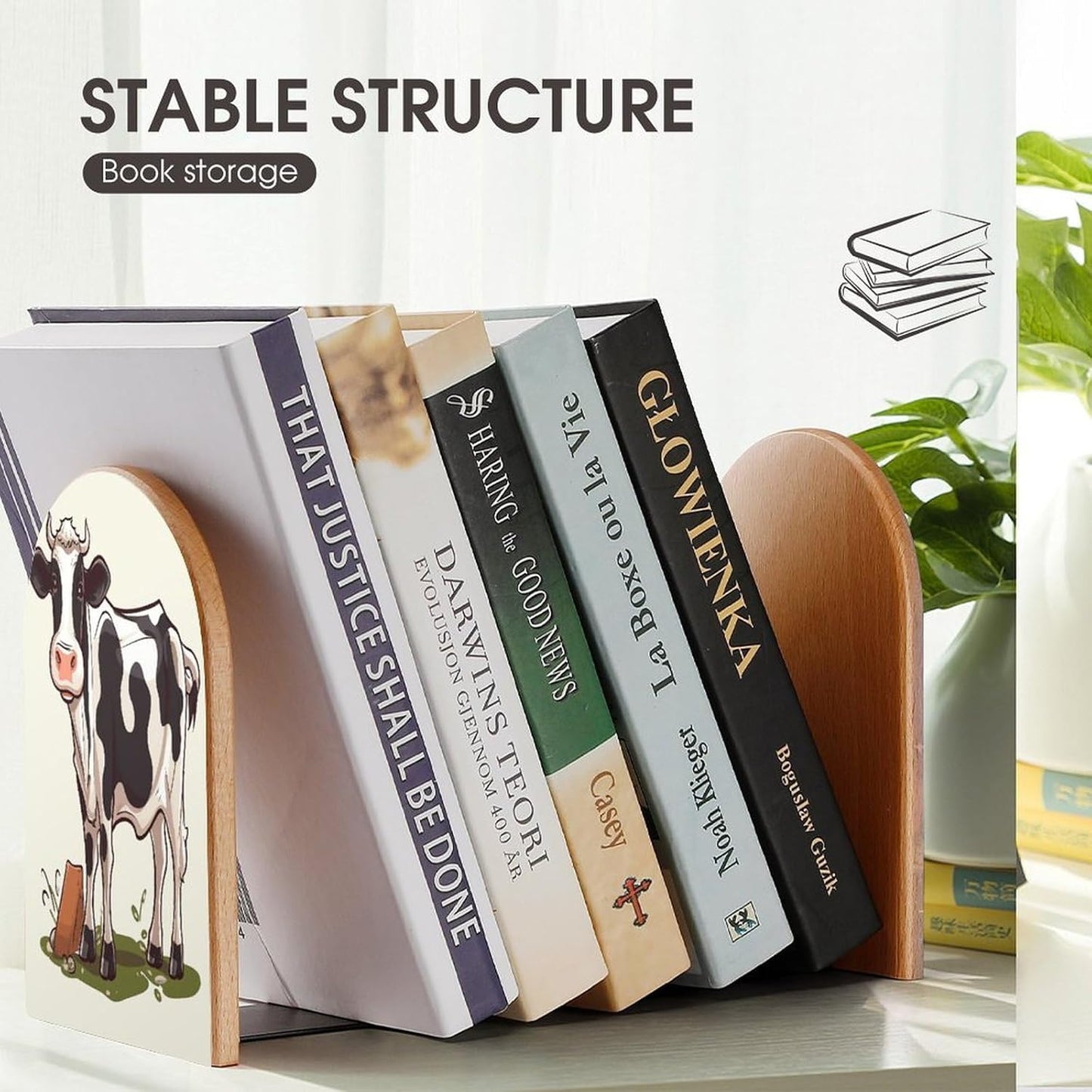 Non-Slip Bookend for Shelves Dairy Cow Wooden Bookends with Metal Base Decorative Book Stopper for Home Heavy Duty Wood Book Storage for Books/CDs