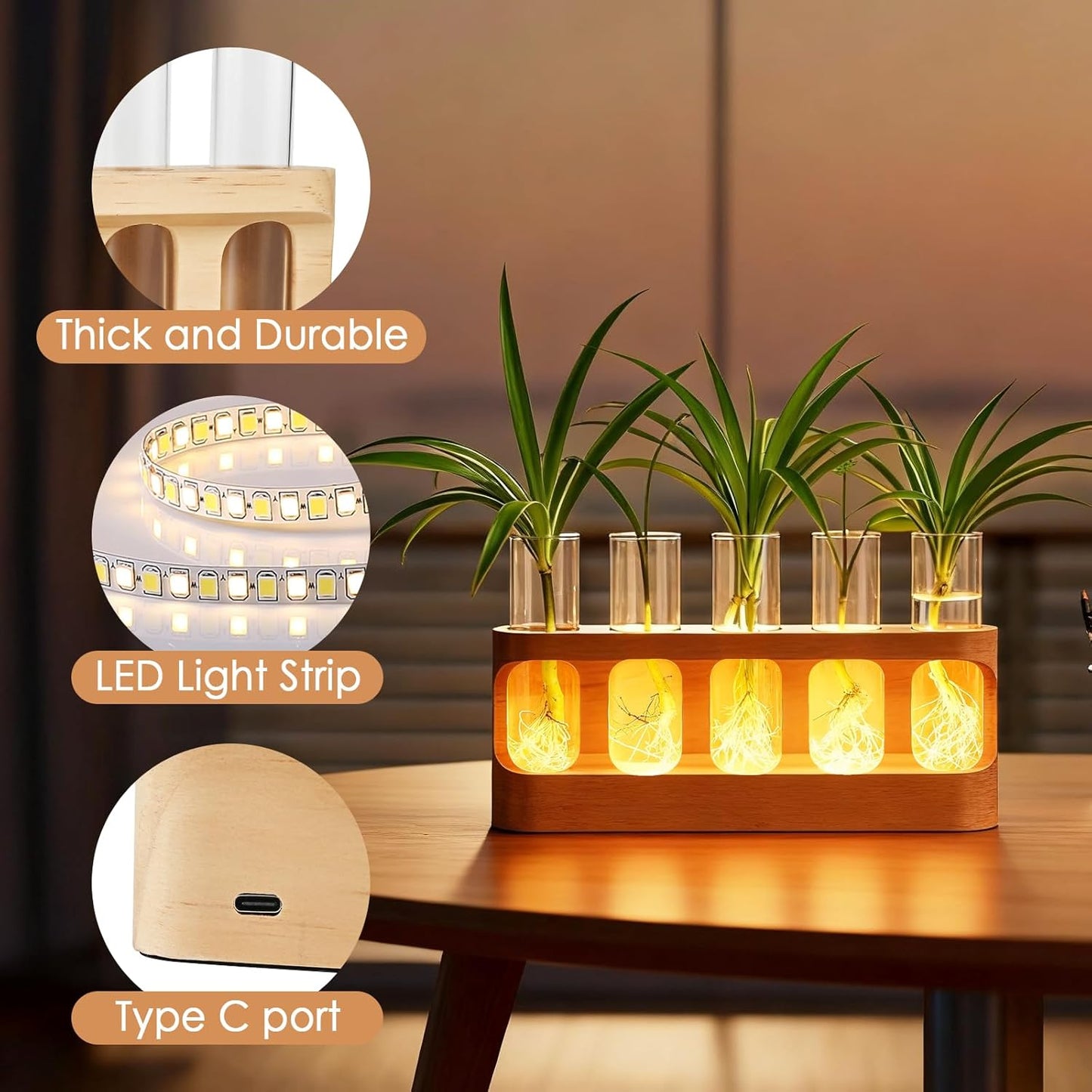 Plant Propagation Station with 9-Level Dimmable LED Light, 5 Glass Test Tube Vases, Wooden Stand for Hydroponic Plants, Gardening Gift for Women & Plant Lovers, Desktop Terrarium & Home Decor