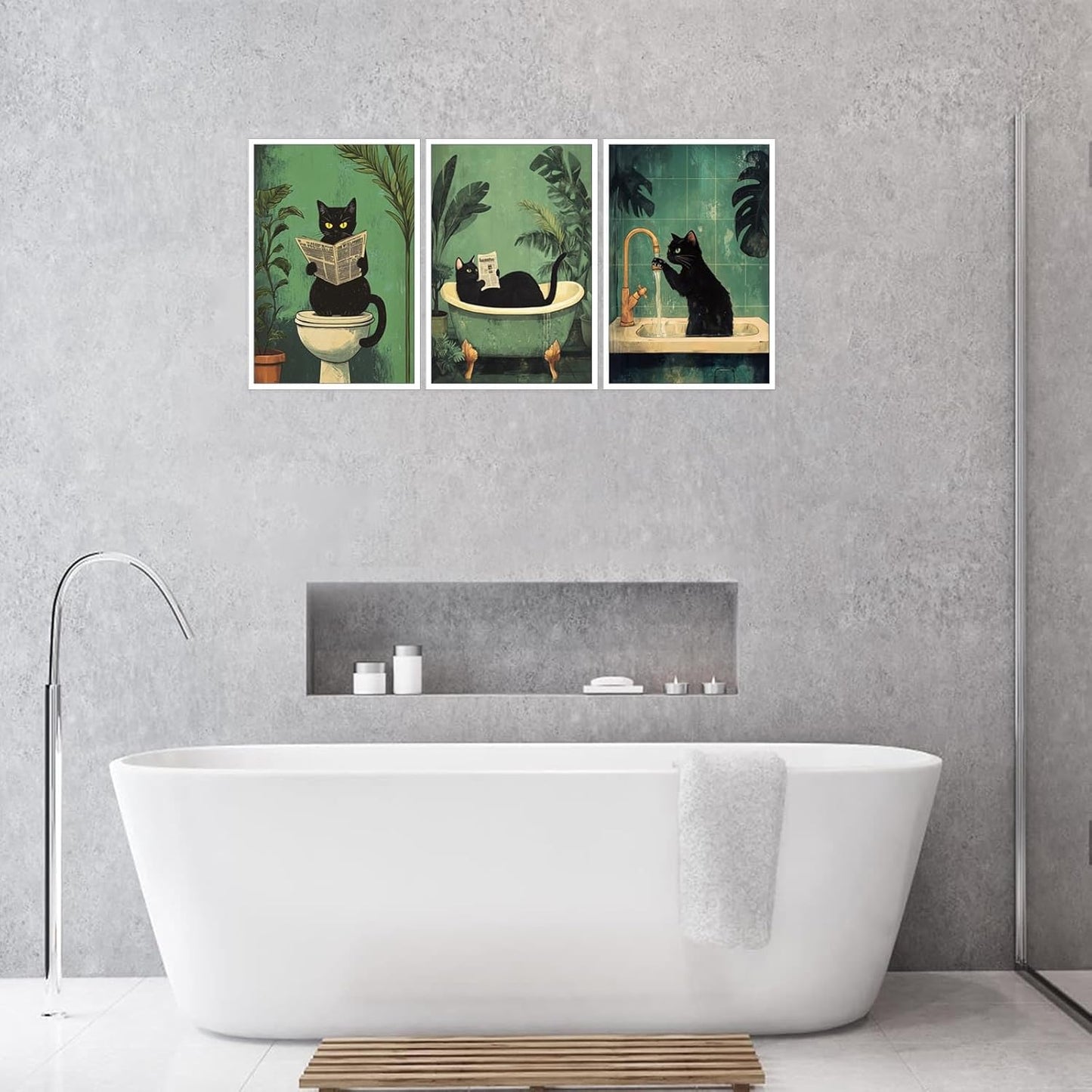 3pcs Funny Black Cat Bathroom Canvas Wall Art Cute Cat Wash Its Paws Reading Newspaper Poster Modern Abstract Green Aesthetic Animal Prints Painting For Bathroom Toilet Wall Decor 8x10in Unframed