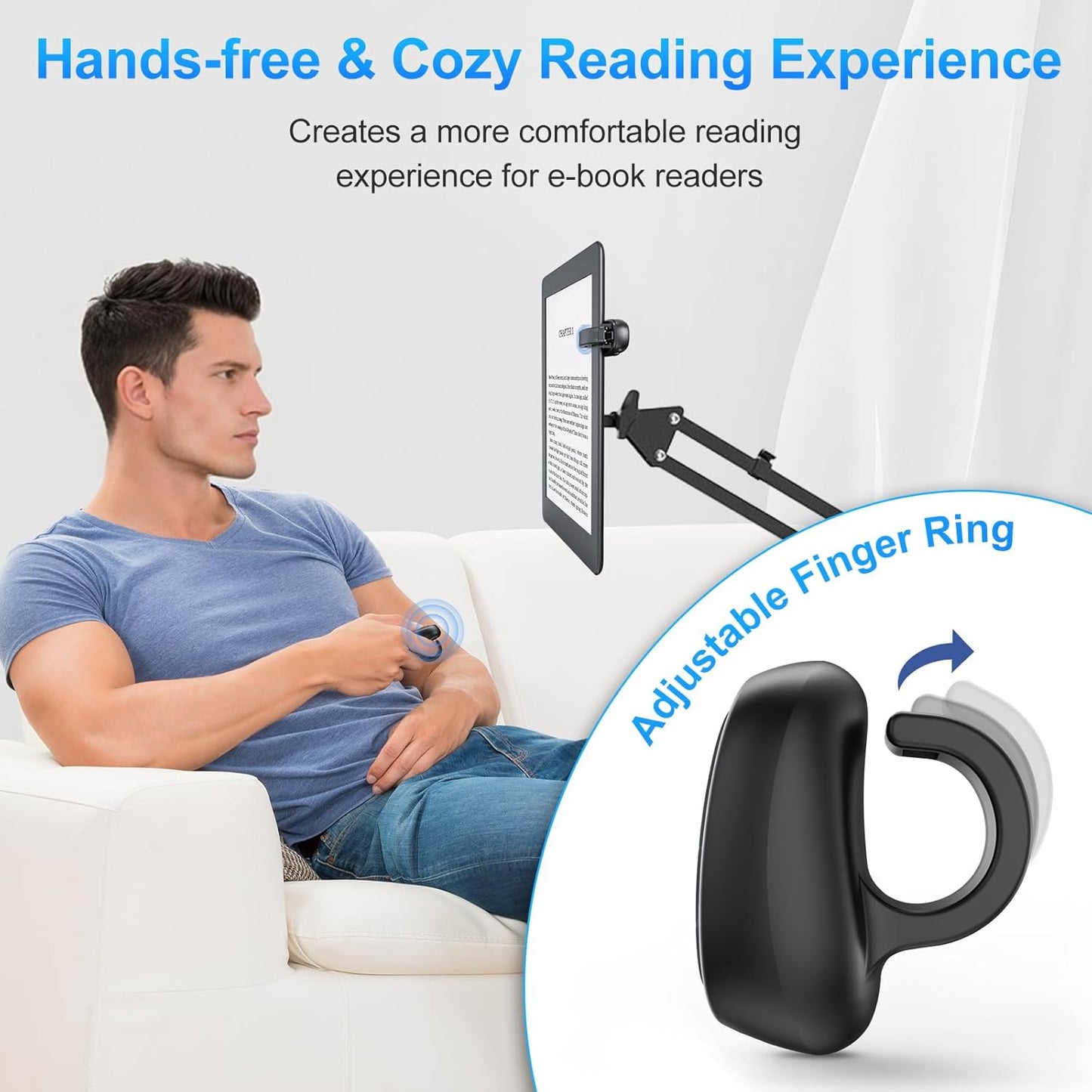 Kindle Page Turner, Finger Ring Wireless Remote Control Page Turner for Kindle Paperwhite/Oasis/Scribe/Kobo, USB-C Charging Page Turner Compatible with iPad/iPhone/Tablet for Reading/Camera Shutte