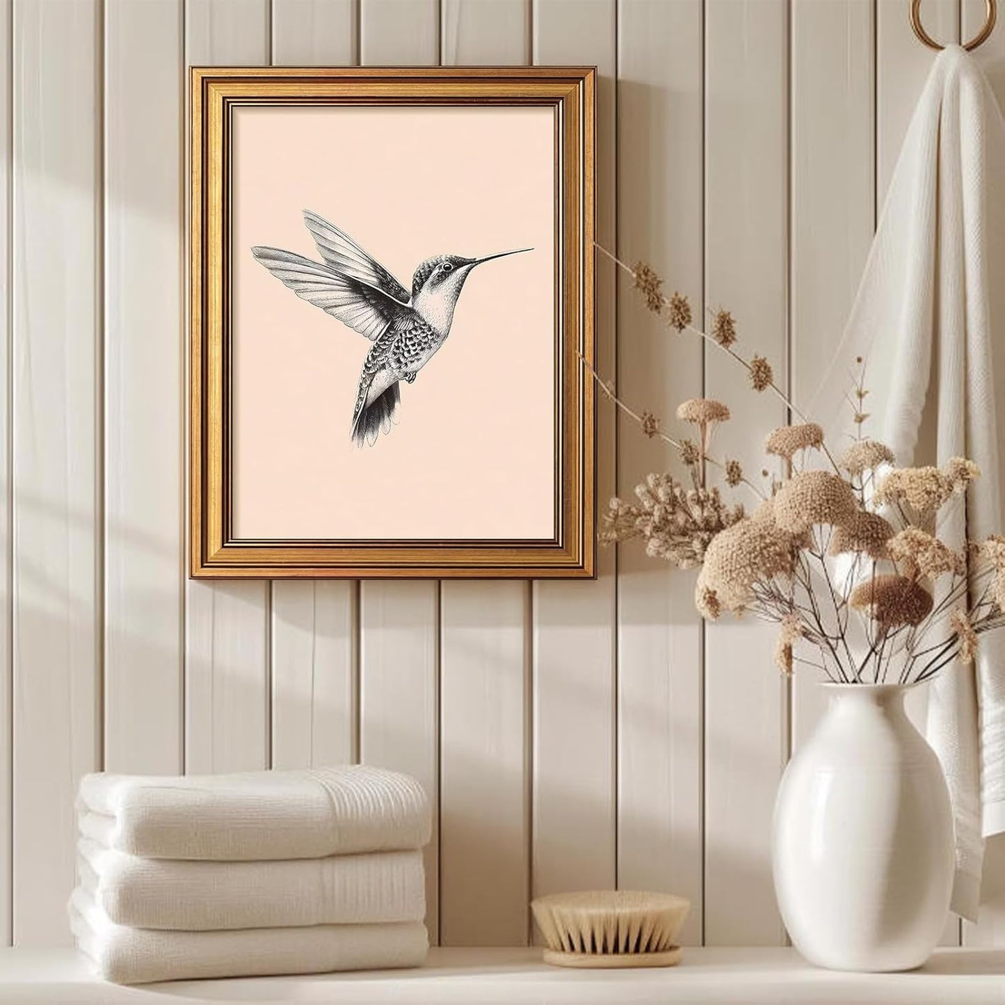 Gold Framed Hummingbird Wall Art - Vintage Black And White Bird Pictures Wall Decor, Simple Flying Bird Painting Canvas Prints, Rustic Cottage Sketch Artwork for Bathroom Hallway 12x16 Inch