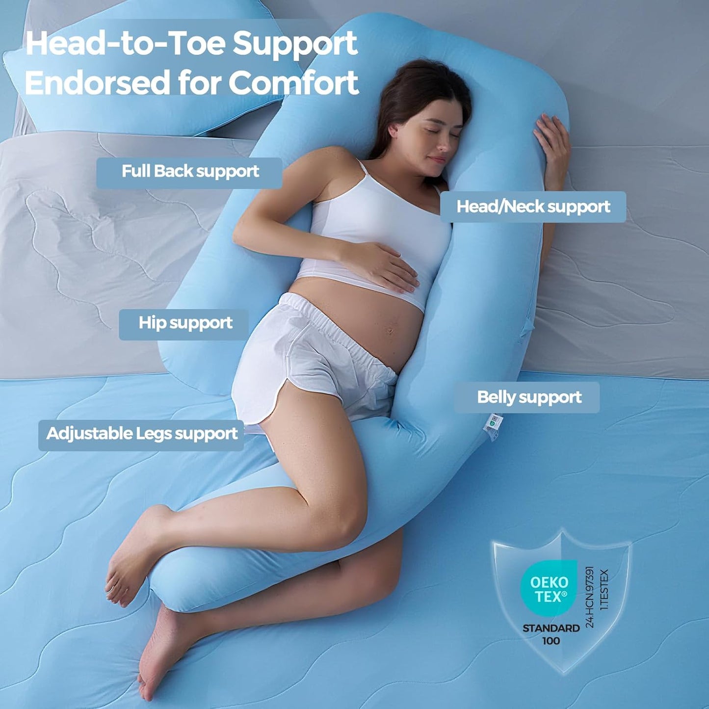 Momcozy Pregnancy Pillow with Cooling Cover, Dreamlign U Pro Maternity Pillow with Adjustable Leg Pillow - Support for Back, HIPS, Belly, Legs for Pregnant Women, 50-72 Inch, Bule