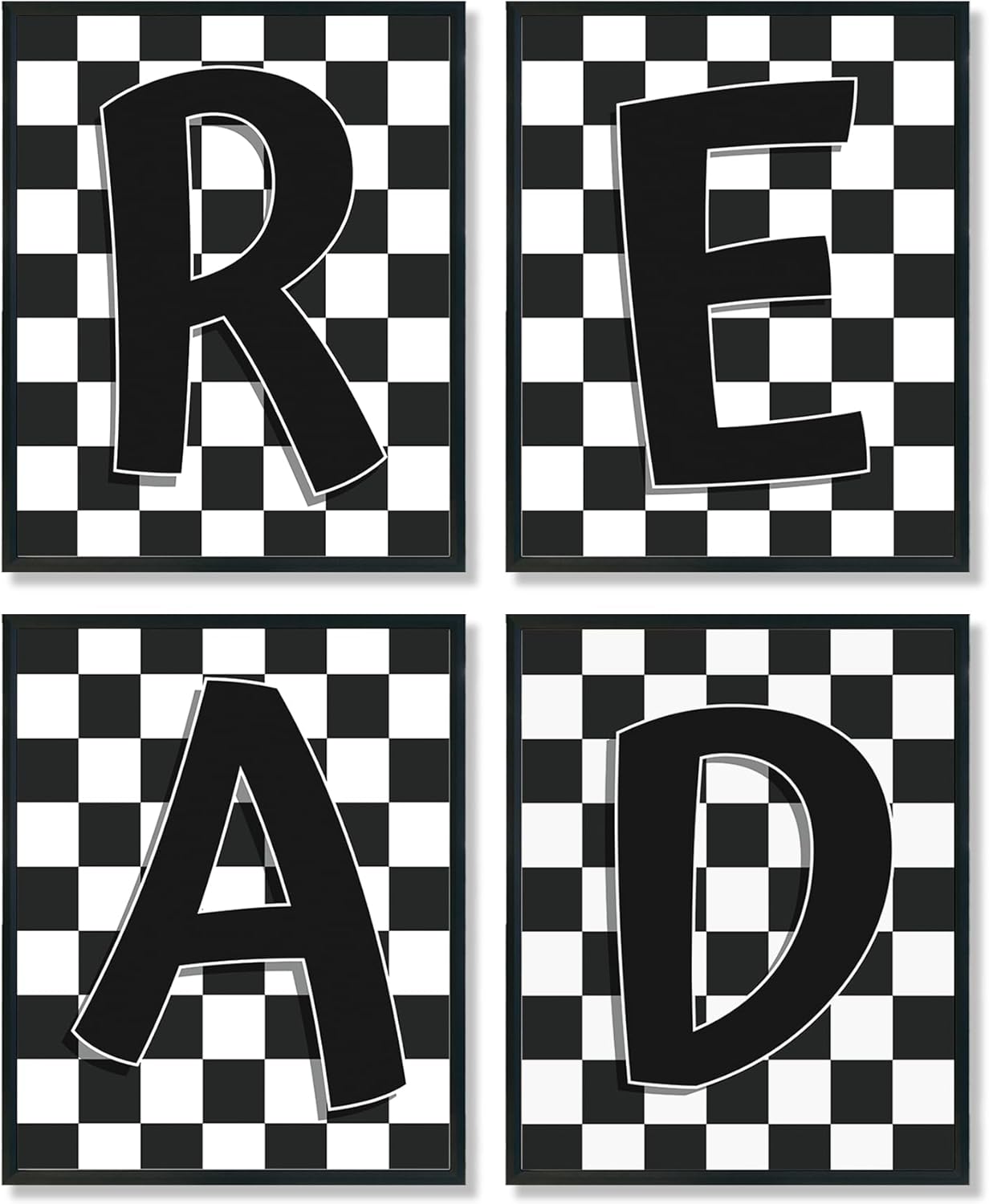 ULEGIE Checkered Reading Wall Art Decor Set of 4, Reading Posters for Classroom, Reading Corner Decor, Black and White Read Signs Prints for Kids Room Classroom Playroom Nursery, 12x16 Inch Unframed