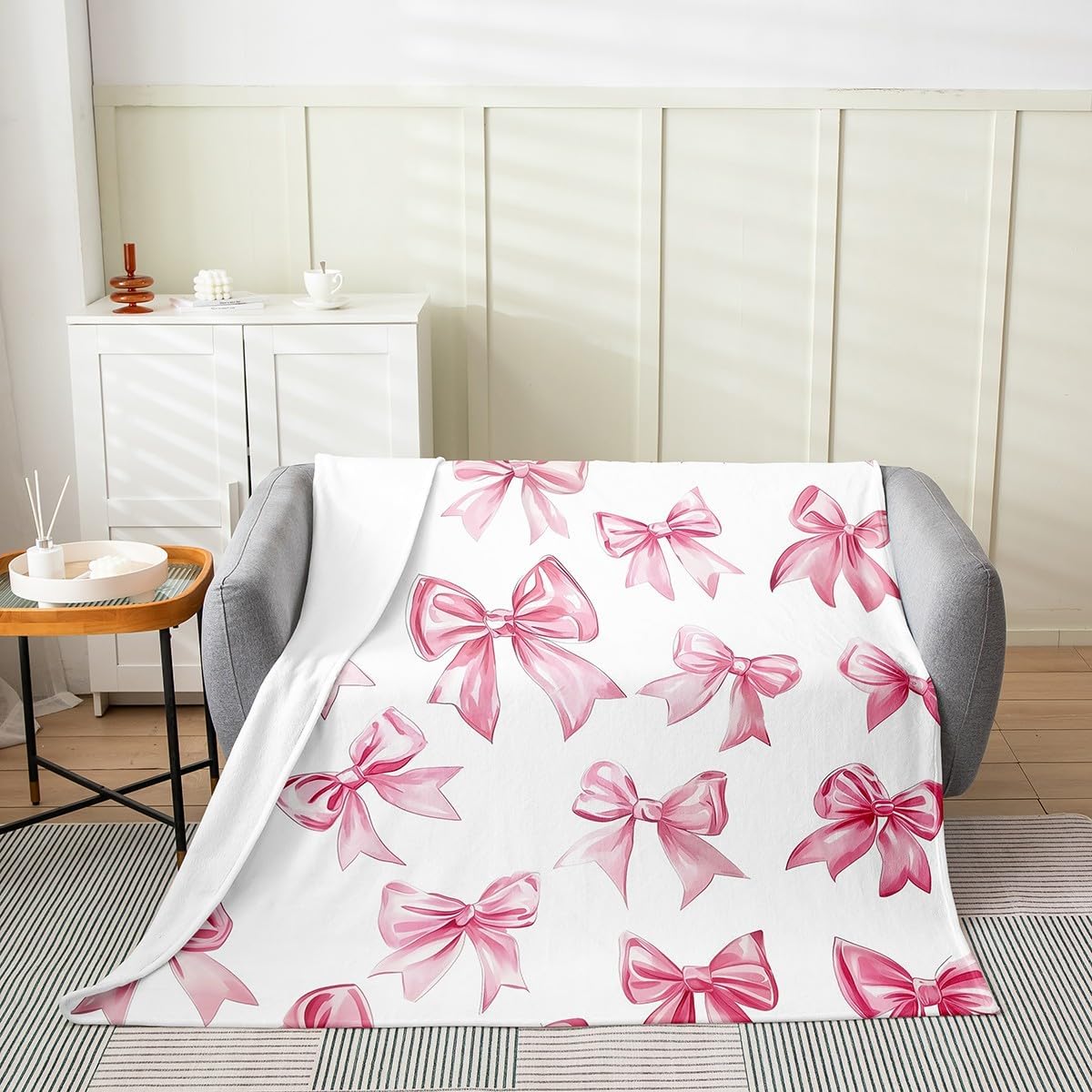 Erosebridal Kawaii Bowknot Fleece Blanket,Kids Cute Bow Throw Blanket Twin 60x80 Inch for Bedroom,Dreamy Princess Style Bed Blanket,Pink Bow Tie Flannel Blanket Luxury Soft