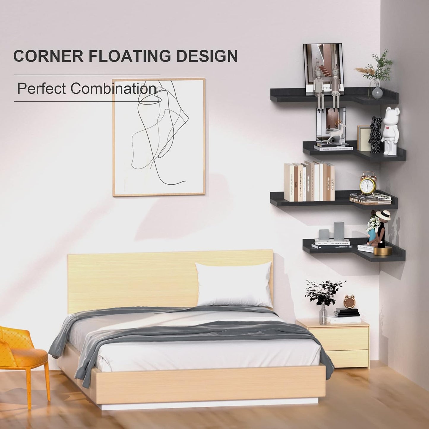 4 Tier Corner Floating Shelves Set of 4, Rustic Pine Wood Corner Shelves for Wall Storage and Decor, L-Shaped Corner Wall Mounted Shelf for Bedroom, Living Room, Bathroom, Kitchen and more - Black