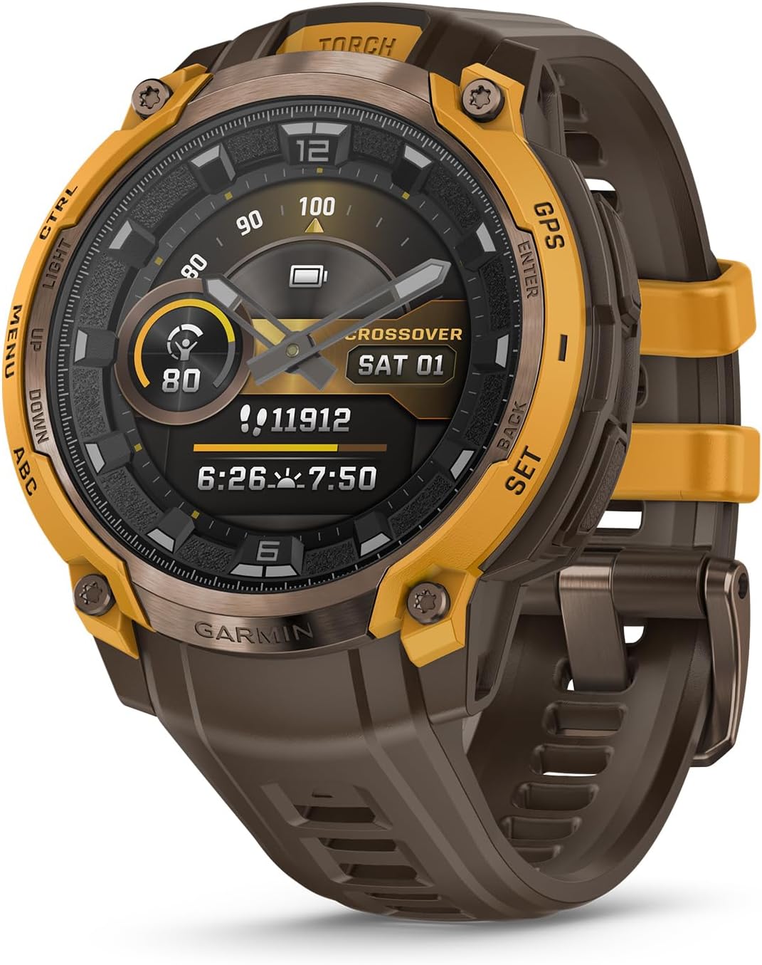 Garmin Instinct® Crossover AMOLED, Rugged Hybrid GPS Smartwatch with Analog Watch Hands and Bright AMOLED Display, Bronze/Sunburst with Cocoa Silicone Band