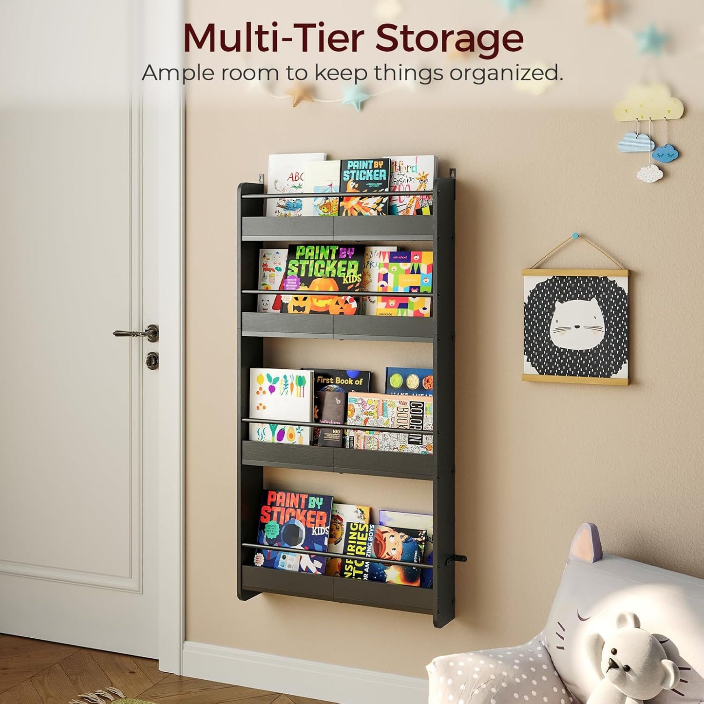 Kids Bookshelf, 4-Tier Wall Mount Bookshelf for Kids, Behind The Door Bookshelf, Hanging Book Shelf for Kids Room, Playroom, Bedroom, Living Room, Black KBBK7601