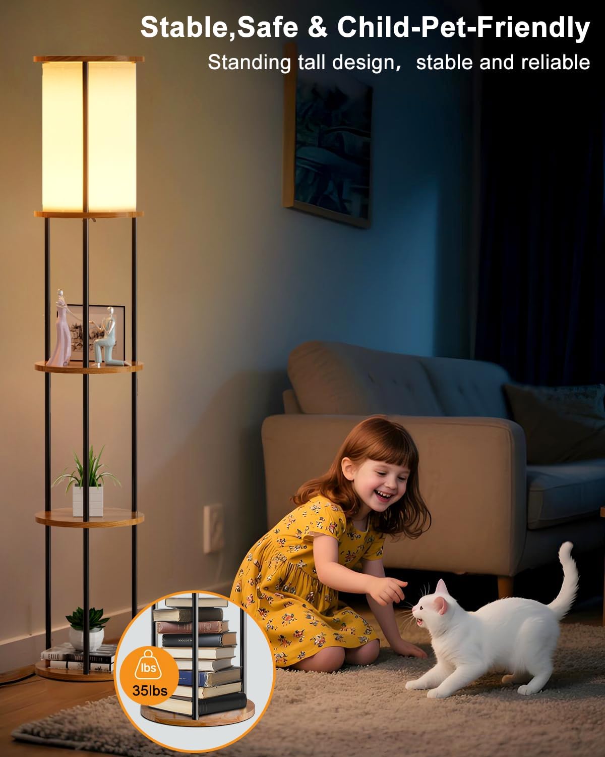 61" Floor Lamp with Shelves, Modern Black Floor Lamp with Fabric Lampshade and 3- Tier Storage Table Attached, 35lb Capacity Solid Wood, Corner Bookshelf Lamps for Living Room, Bedroom, Office