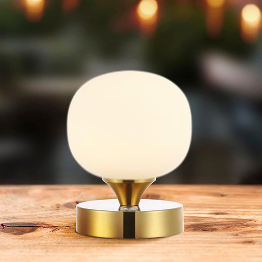 JONATHAN Y 6.13" Brass Gold/White Modern Cordless Rechargeable LED Table Lamp, Frosted White Glass Shade, Touch Dimmable Mini Accent Light for Bar, Bedroom, Nightstand (JYL7112C)