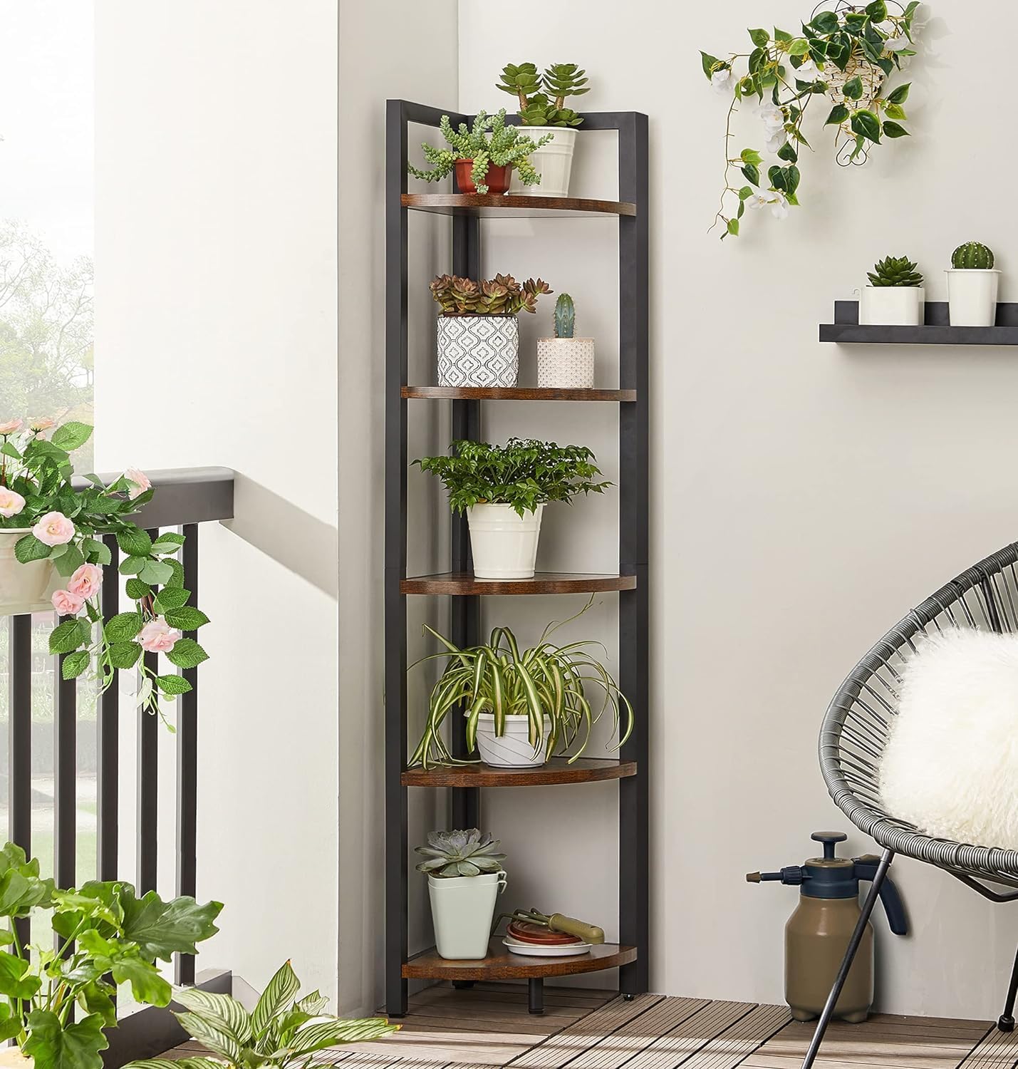 VASAGLE Corner Shelf, 5 Tier Bookshelf, Tall Corner Storage Shelves, Plant Stand for Living Room, Bedroom, Bathroom, Home Office, Rustic Brown and Black ULLS803B01