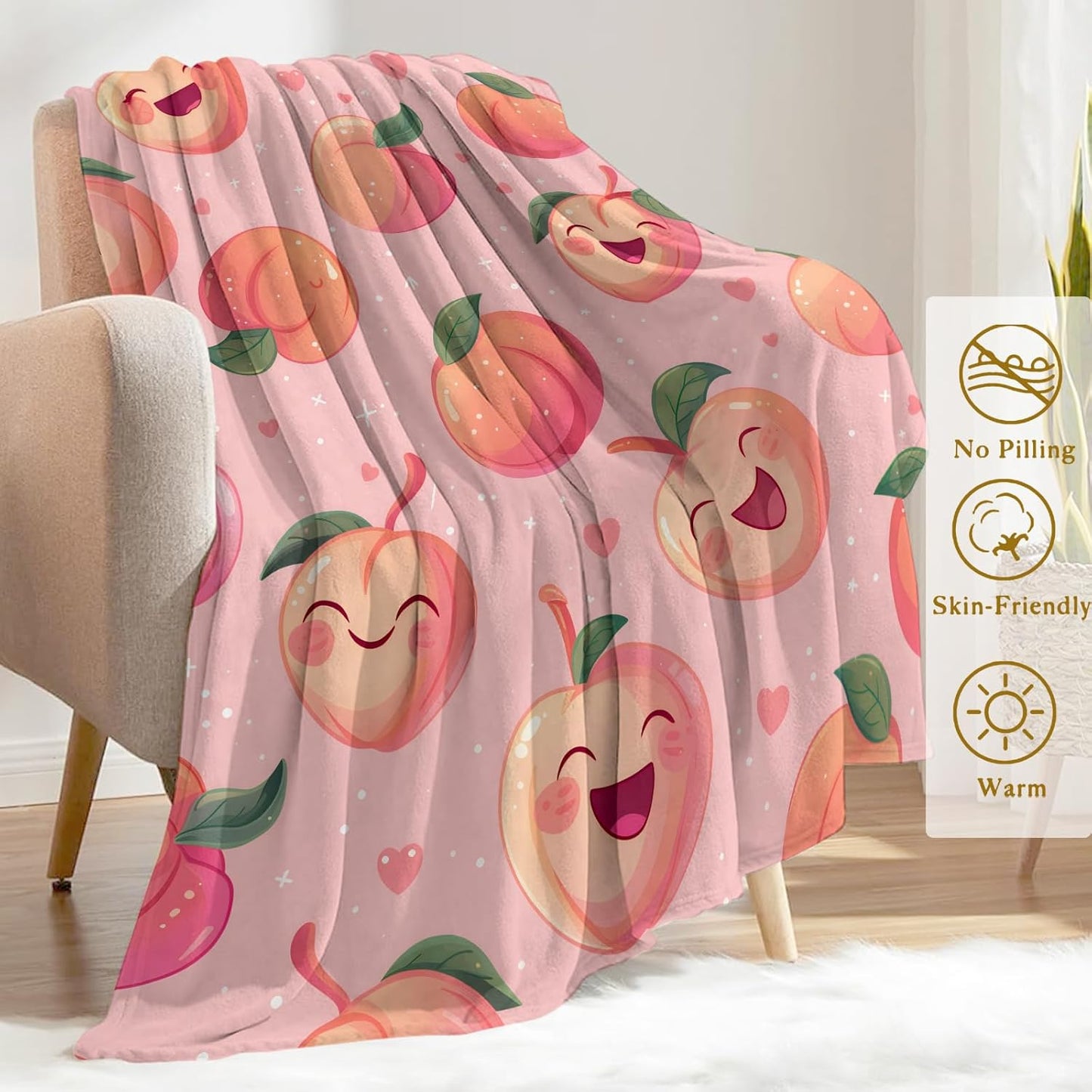Peach Flannel Blanket - Cute Happy Fruit Smiling Peaches on Pink Throw - Lightweight Soft Cozy Gifts Blankets for Kids Adult,Modern Home Room Whimsical Decor 60x80in