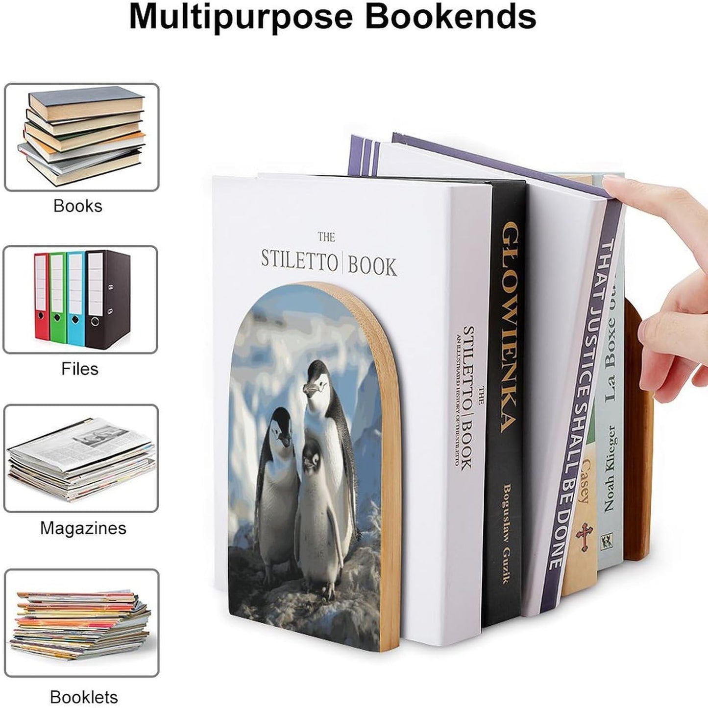 Penguin Parents and Chicks Antarctica Large Bookend for Shelves Wooden Book End Large Size Sturdy Book Holders Stoppers with Metal Base for Bookshelves Slick Decorative Bookends Stands