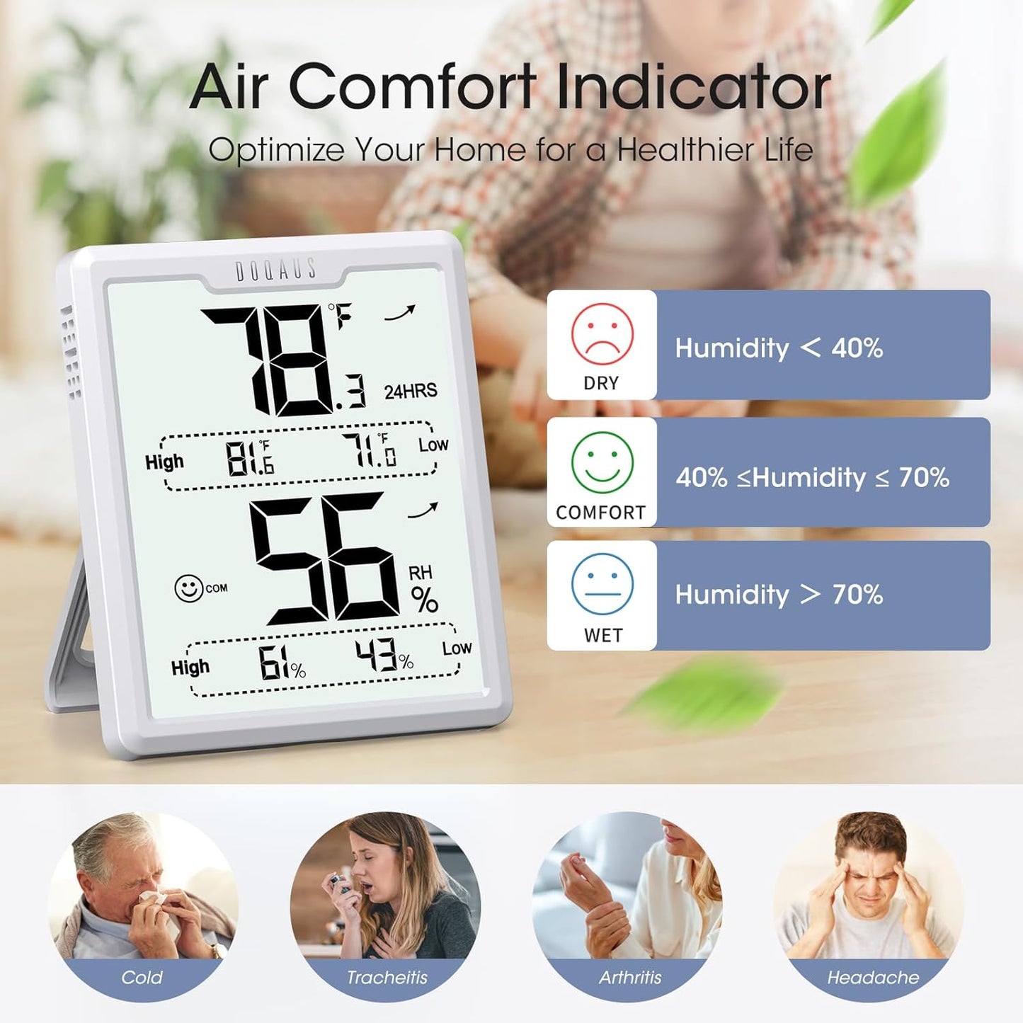 DOQAUS Digital Hygrometer Room Thermometer Indoor, Humidity Meter with Large LCD Display, Temperature Humidity Monitor with Max Min Records, White