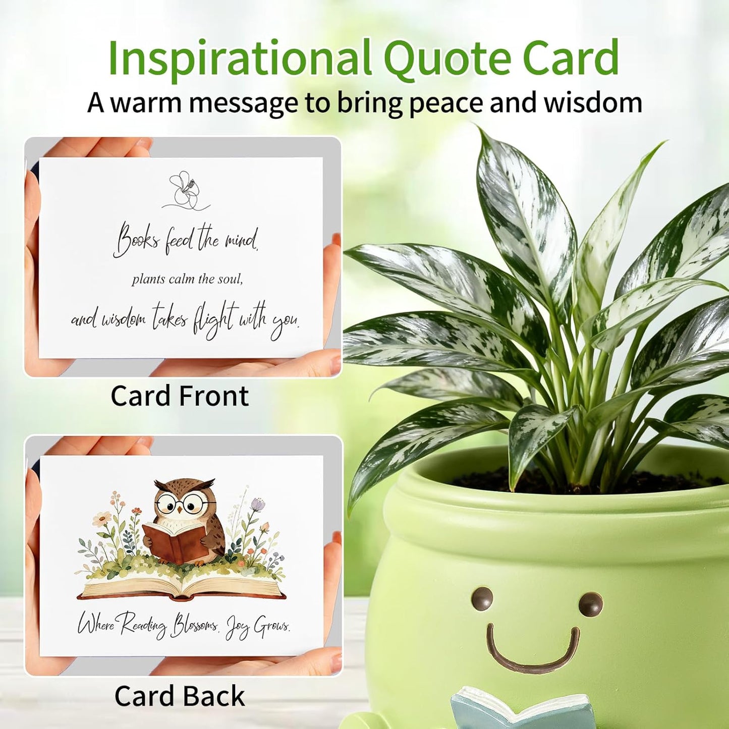 Book Lover Gift Set- Cute Reading Planter Pot with 5 Heart Leather Bookmarks & Quote Card, Cozy Desk Decor and Perfect Gift for Teacher, Librarian, Women, Mom, Friend, Colleague