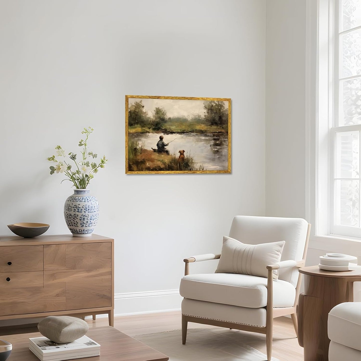 Large Gold Framed Vintage Boy Fishing Landscape Framed Wall Art Retro Lake Scene with Dog Oil Painting Poster Rustic Countryside Animal Picture Canvas Print for Farmhouse Boys Room Decor 36x24inch