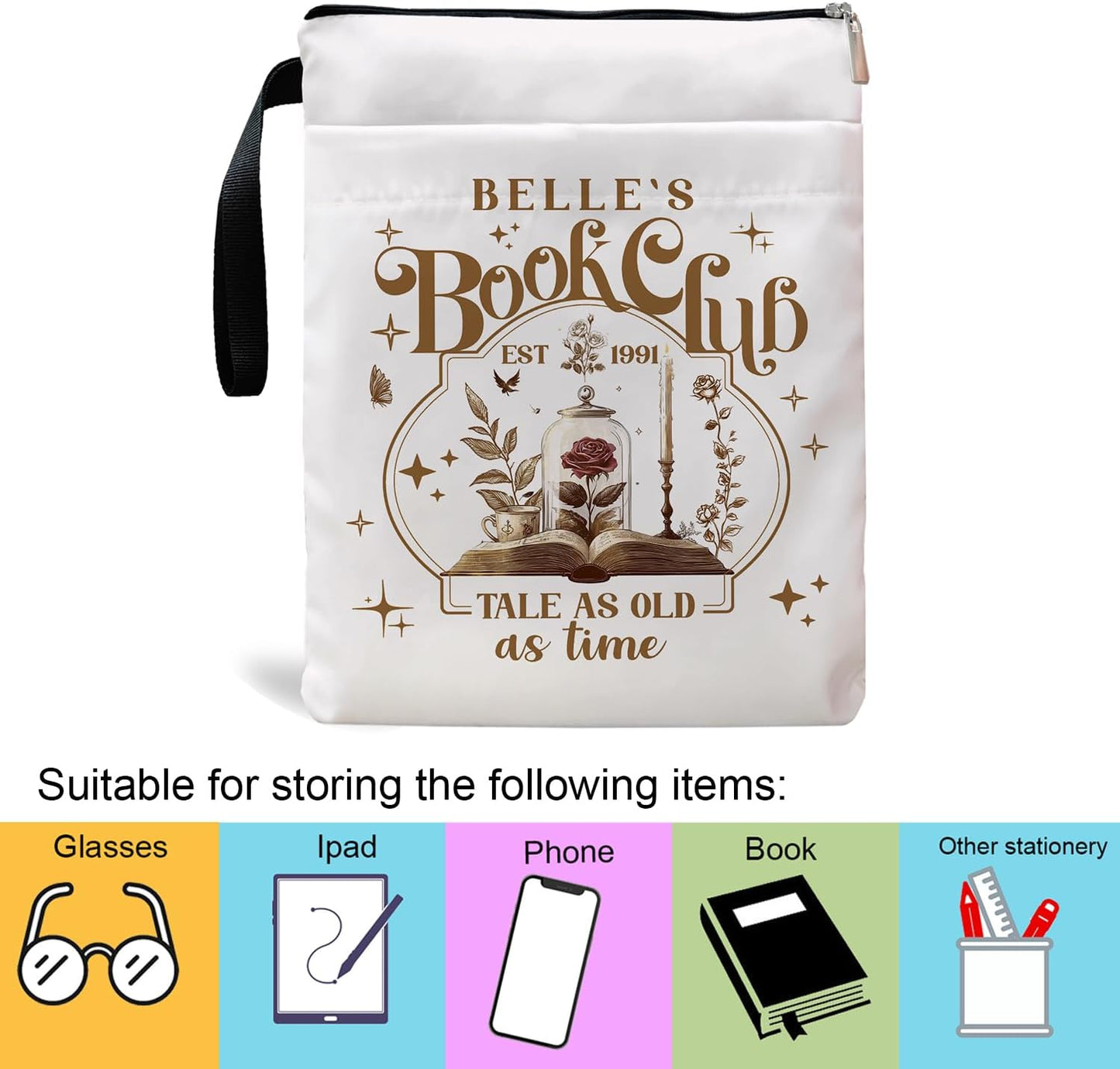 Tale As Old As Time Belle's Book Sleeve, Book Covers with Zipper, Book Lovers, Book Pouch Kindle Protector, Gifts for Women Teacher Librarian Bookworm Bookish (White-C, Large)