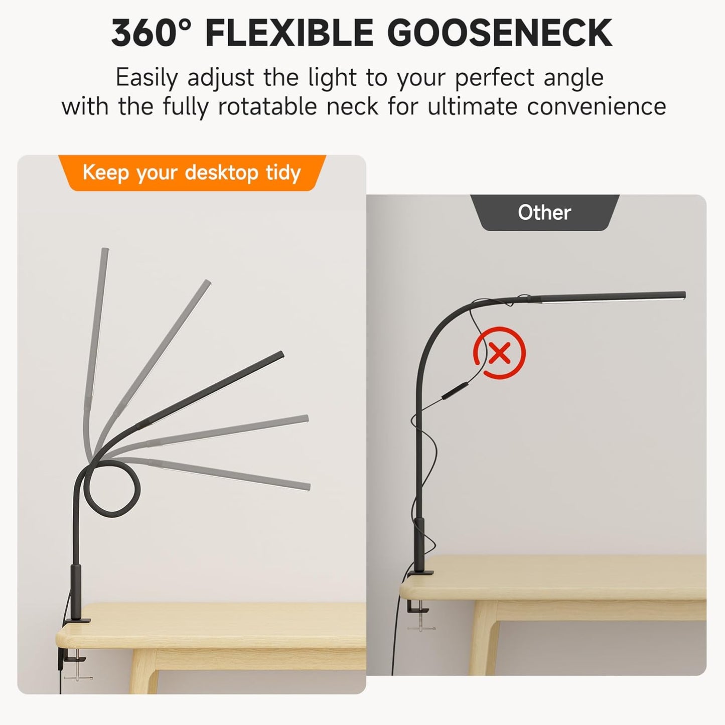 LED Desk Lamp with Clamp, Eye Caring Clip Light for Home Office, 3 Colors Stepless Dimming, Flexible Gooseneck Table Lamp with USB Adapter for Nail Reading Working Workbench Drawing Gaming (Black Pro)