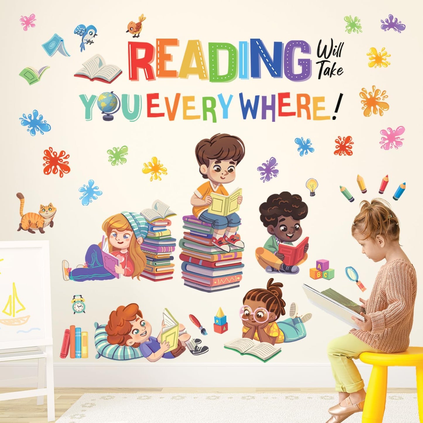 DECOWALL SG2-2404 Kids Reading Corner Wall Stickers Decals Reading Room ABC Décor Classroom Playroom Library Nursery Peel and Stick Removable Baby Boys Girls Decorations School Inspirational