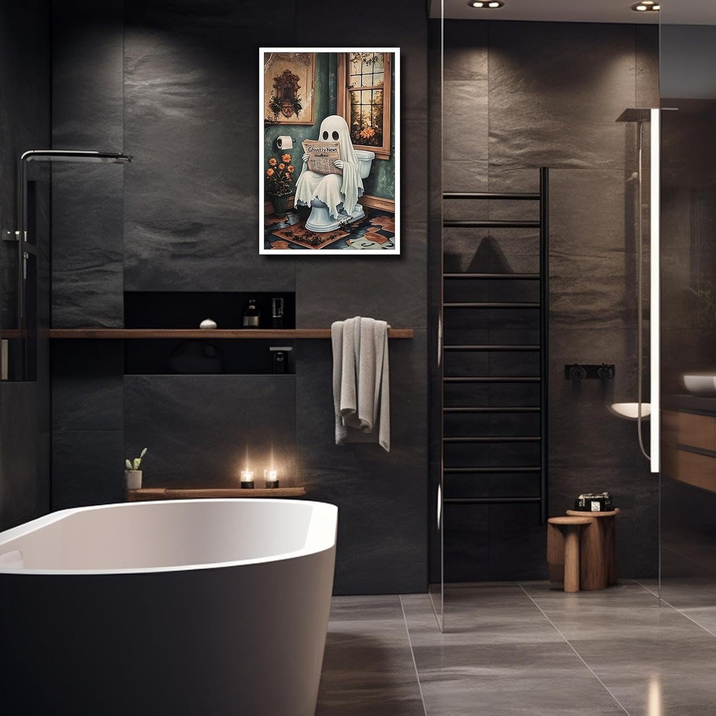 Halloweenn Ghost Reading Newspaper Bathroom Wall Art Funny Ghost On Toilet Posters Spooky Dark Academia Gothic Canvas Print Vintage Whimsical Horror Wall Decor for Apartment Dorm 12x16in Unframed