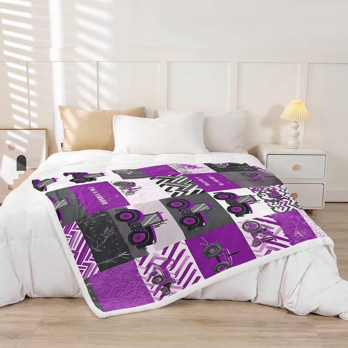 Erosebridal Purple Tractor Blanket Farmhouse Truck Car Throw Blanket Twin Cartoon Equipment Harvester Fleece Blankets Machinery Construction Vehicle Sherpa Blankets Soft Breathable Bedroom Decor
