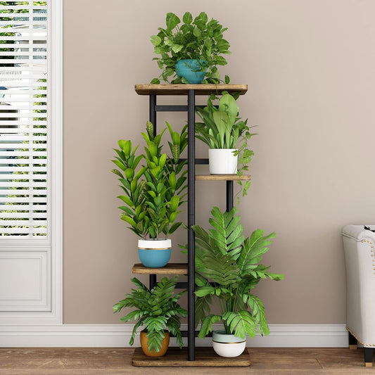 LINZINAR Plant Stand Indoor 4 Tier 5 Potted Multiple Plant Shelf Stands for Garden Corner Balcony Living Room Black