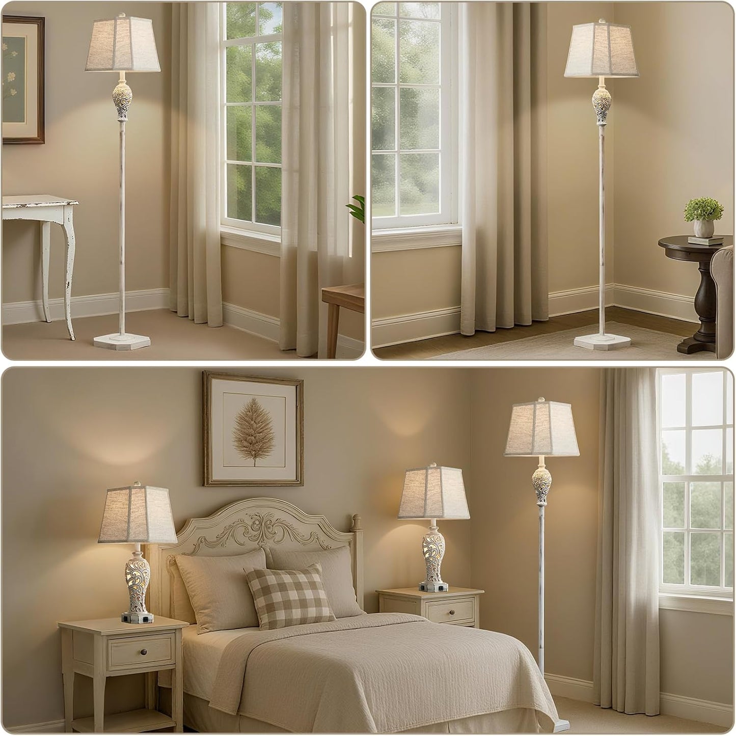 65'' Rustic Floor Lamp for Living Room with 2 Light Sources, Hollow Out Nightlight Resin Farmhouse Tall Standing Lamp for Bedroom Office Corner, Bulb Included (Wash White)