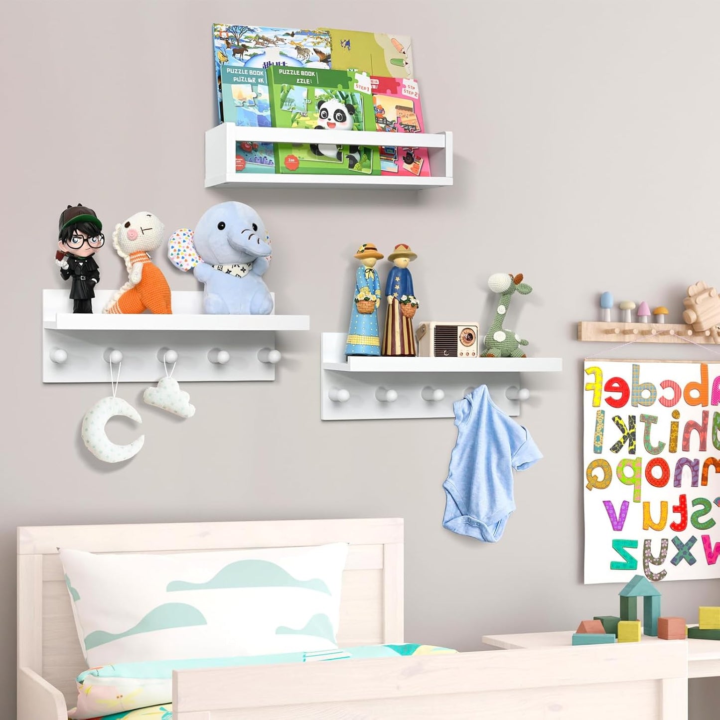 Ollieroo Set of Four Floating Book Shelves for Wall, Nursery Book Shelf for Kids Room, Bamboo Wood Hanging Bookshelf for Baby Teen Boys Girls, Wall Mounted Shelves for Bedroom Bathroom Decor(Straight)