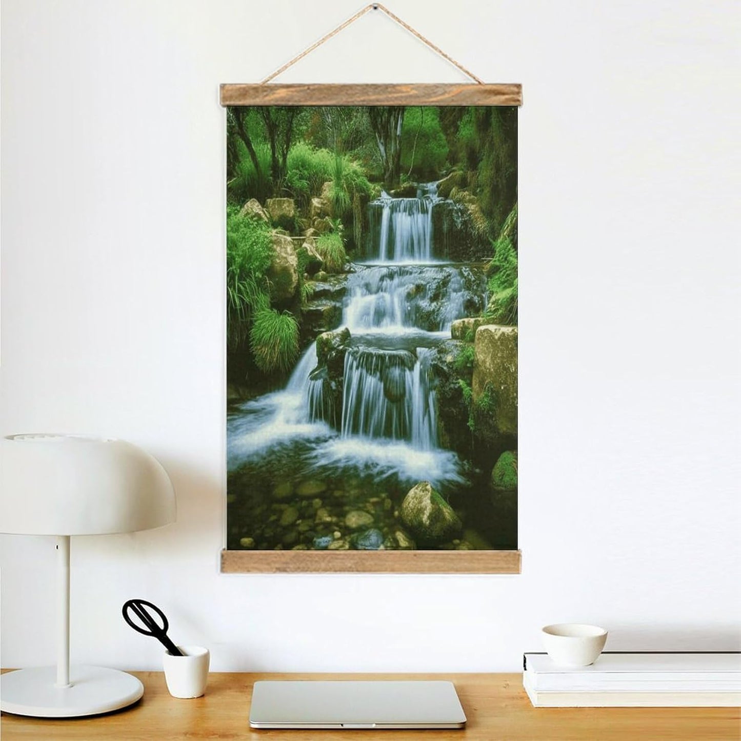 Vintage Waterfall Flowing Down Poster with Wooden Frame Personalized Linen Hanging Scroll Painting Rustic Wall Hanging Illustrative Modern Artwork Decor for Home Living Room Bedroom Office