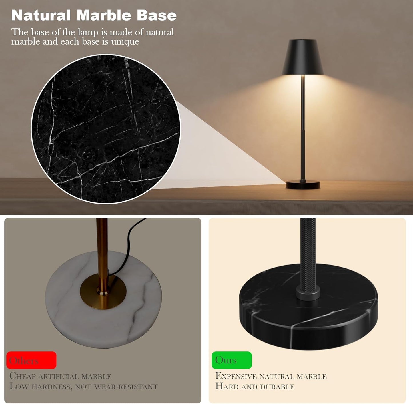 Cordless Table Lamp 2 Pack with Marble Base,5200mAh Battery Operated Lamp,IP54 Waterproof Portable LED Desk Lamp,3-Color Stepless Dimming, Height Adjustable for Patio,Bedroom,Restaurant(Black)