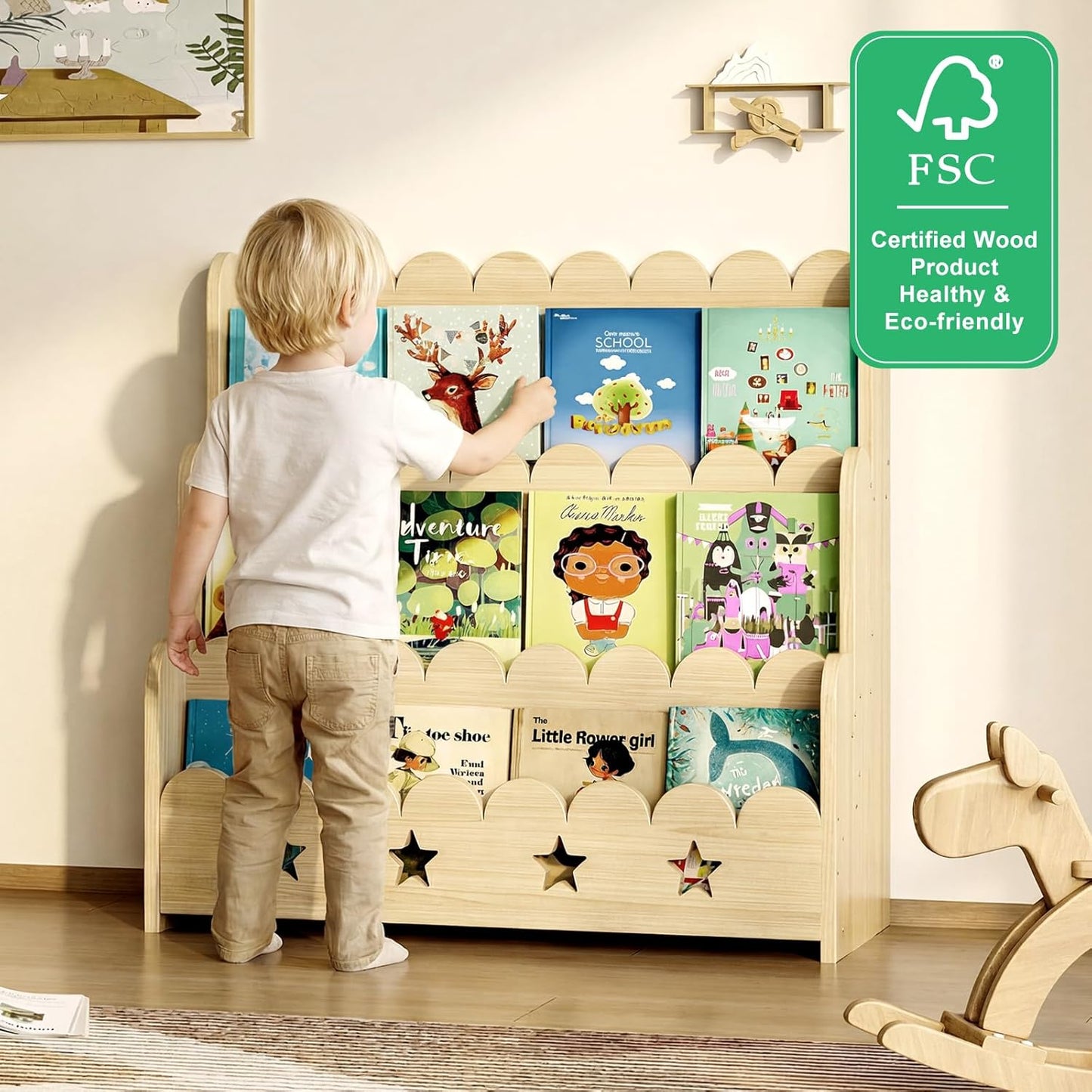 Scalloped Bookshelf for Kids, 3-Tier Front Facing Book Display Shelf, Solid Wood Montessori Bookcase Organizer for Bedroom, Nursery, Playroom & Classroom