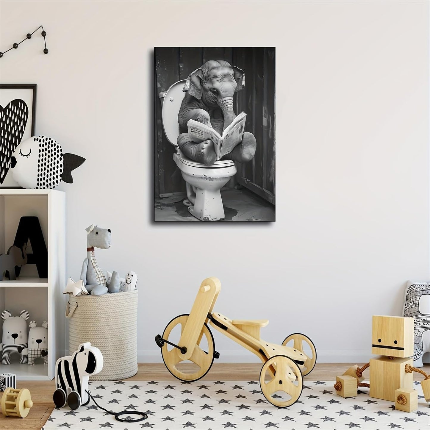 Elephant Reading Newspaper in Toilet Canvas Wall Prints poster Modern Home Aesthetic Decor Wall art for Bedroom Dorm (16x24inch Unframe)