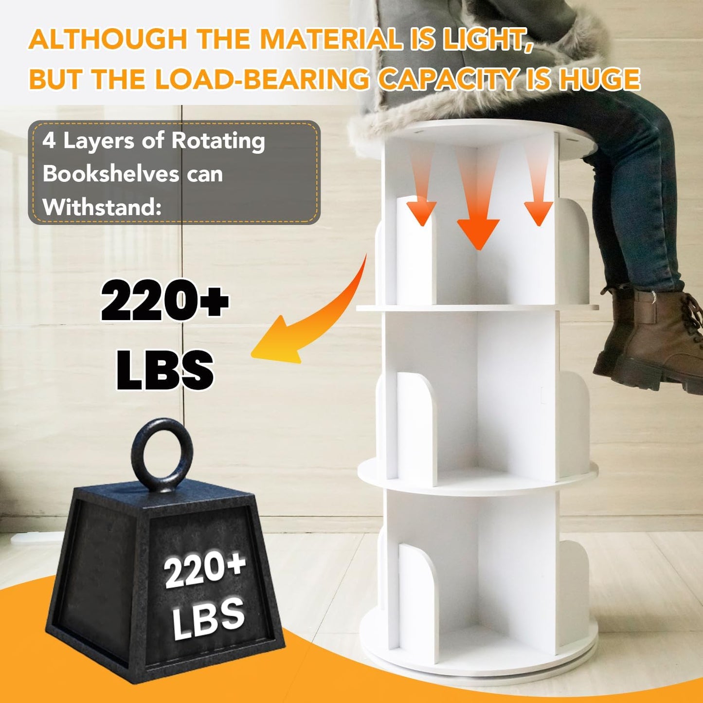 4 Tier Rotating Bookshelf Tower, Spinning Bookshelf, Revolving 360° Bookcase Storage Round Carousel, Vertical Rotate Turning Spiral Corner Organizer Lazy Susan, White