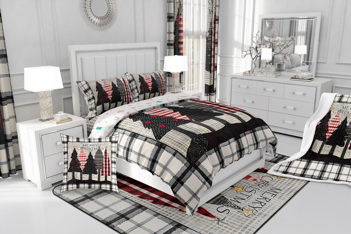 Feelyou Christmas Sherpa Blanket Queen 90"x90" Christmas Tree Fleece Throw Blanket for Bed Sofa Couch Silver Grey