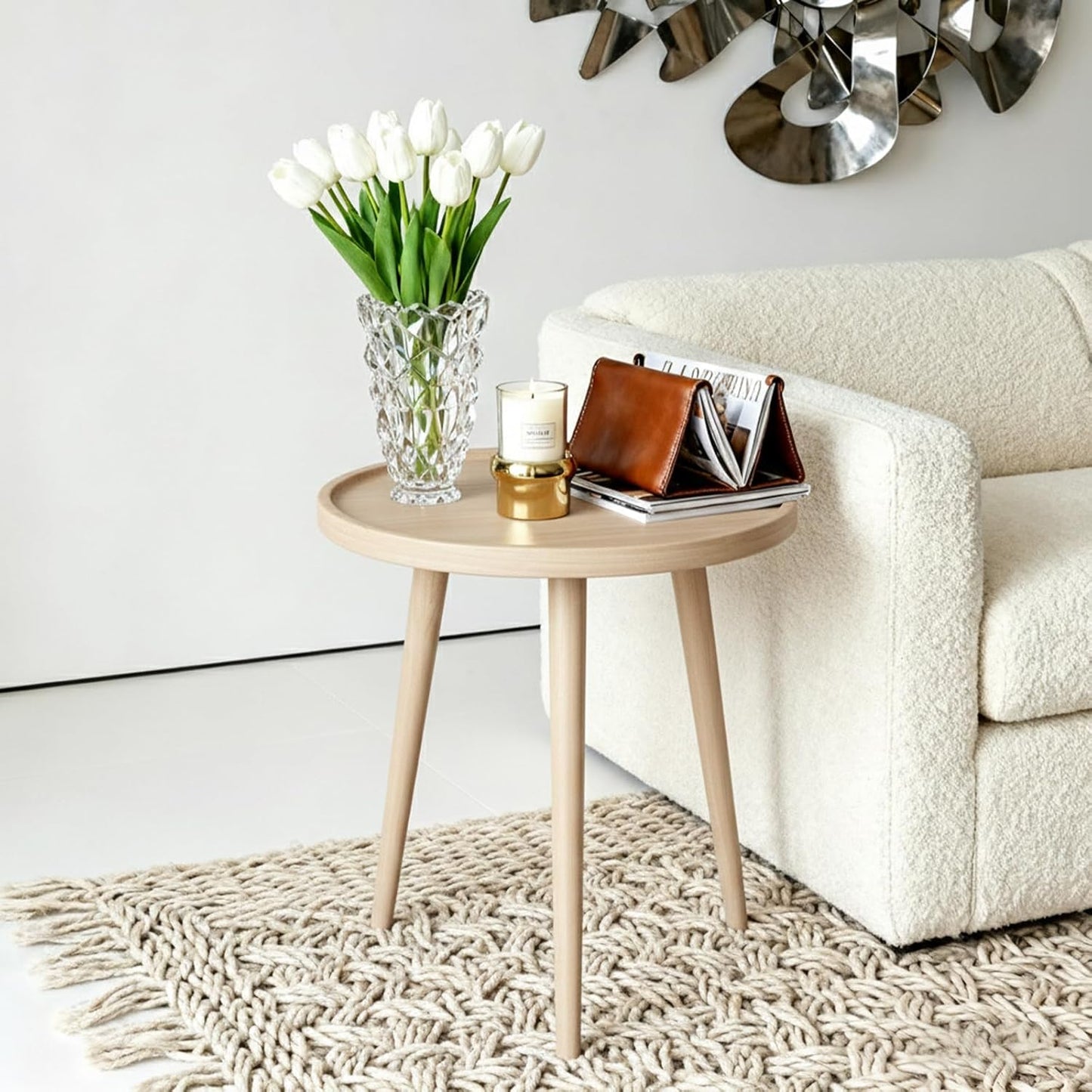 ShellKingdom Small Round Side Table, Modern Wood End Table for Bedroom, Living Room, Coffee Side Table for Small Space, Indoor Outdoor Nightstand Bedside Table (Natural)