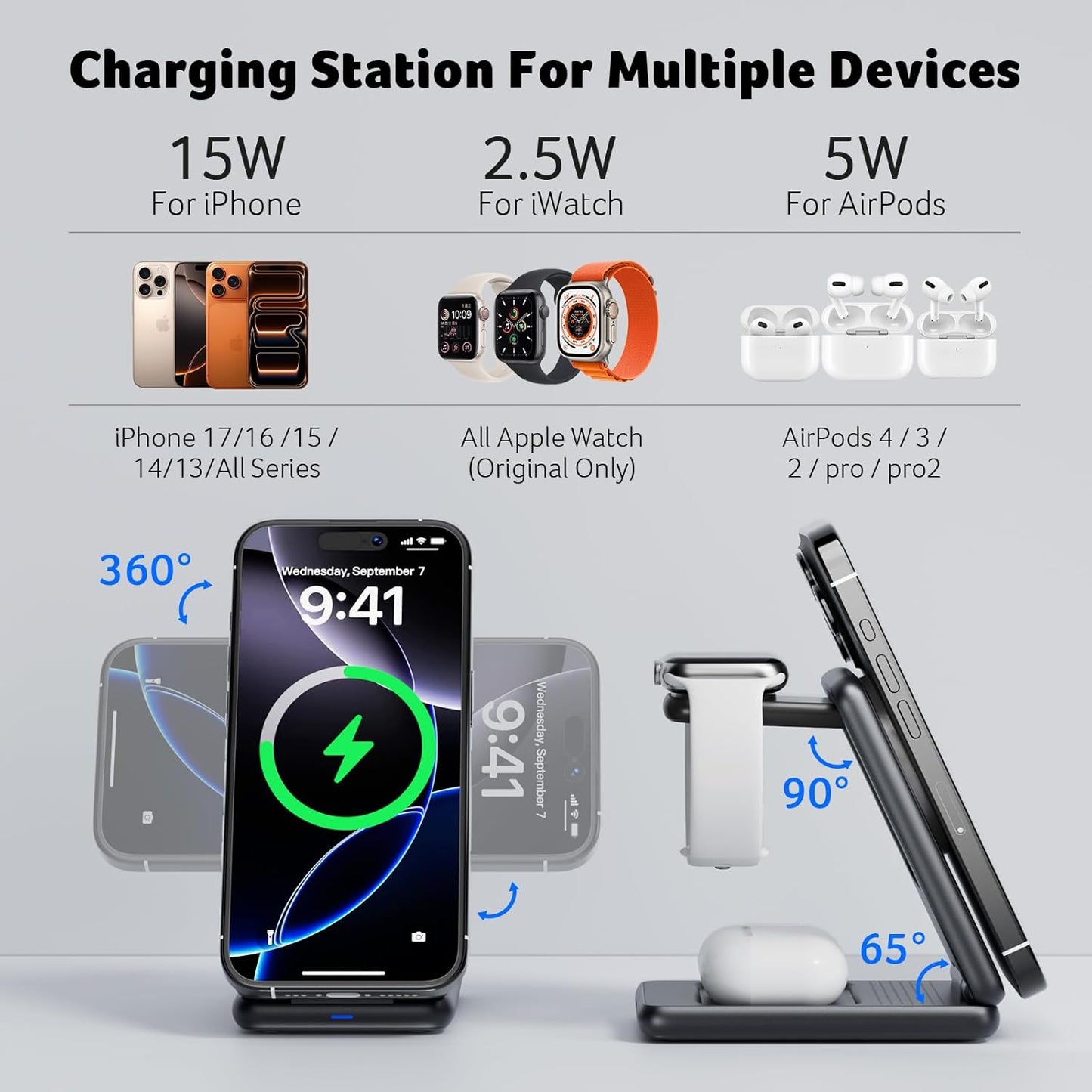 Acer 3 in 1 Charging Station for iPhone, Wireless Charger Stand,15W Fast MagSafe Charger for iPhone 17 16 15 14 13 12 Series-Apple Watch 11 10 9 8 7 6 5 4 3 2 SE and Ultra Series-Airpods 4 3 2 Pro