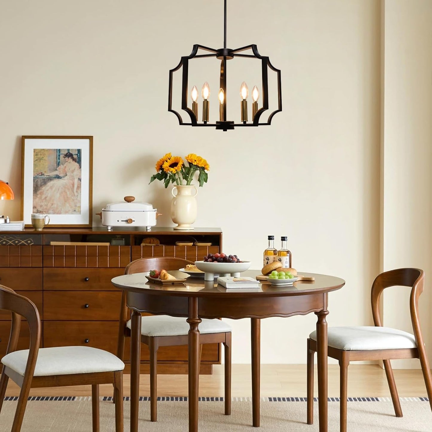 Dining Room Chandeliers, Black&Gold Geometric Modern Farmhouse Chandelier, 5-Light Adjustable Hanging Industrial Metal Pendant Light Fixtures for Kitchen Island Bedroom Stairway Foyer Hallway