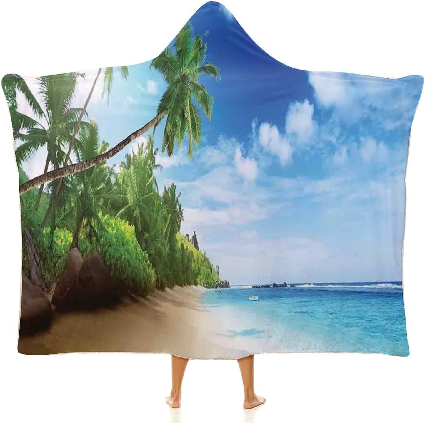 Throw Blankets, Ocean Decor Women Men Hooded Blanket, Beach Sunset Tranquil Tropic Sea Waves, Soft Warm Cozy, 40 x 50inches, Studying Reading Snuggling Napping Office, Multicolor