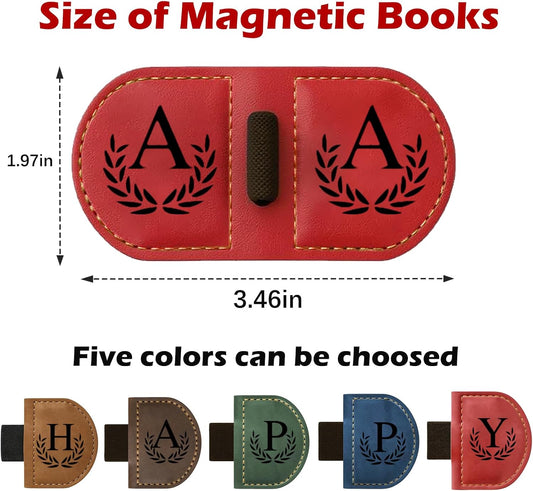 Personalized Bygone Mark Bookmark with Pen Holder, Magnetic Bookmarks with Vintage 26 Letters, Engraving Leather Magnetic Pen Holder Bookmark for Women Book Lovers Gifts (Red, A)