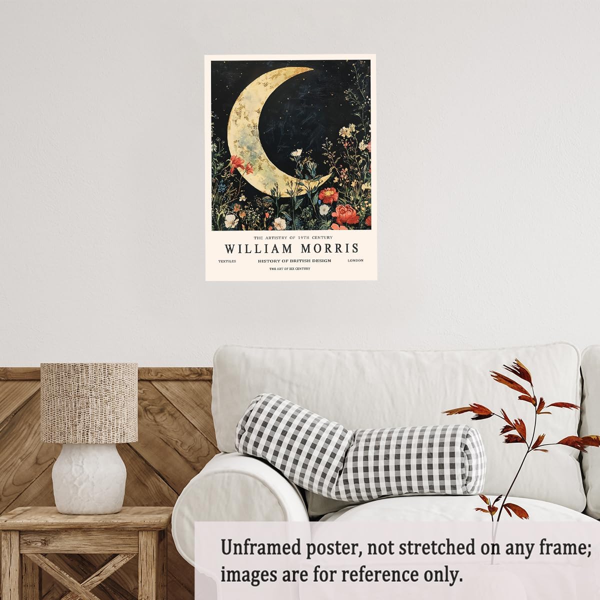 William Morris Style Moon Canvas Print Celestial Botanical Wall Art Gold Lunar Poster for Bedroom Meditation Nook or Bohemian Night Decor-11x14Inch Ready to Hang (Unframed)
