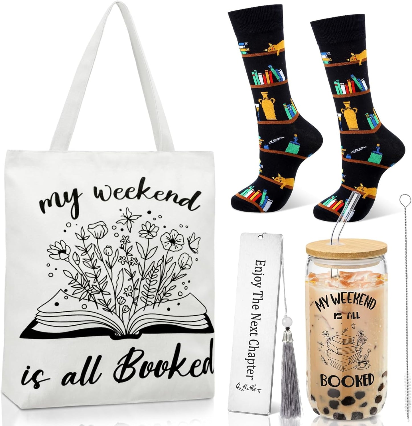Yungyan Book Lovers Gifts for Women Bookish Gifts Include Canvas Tote Bag Glass Cup Socks Bookmark Tassel Book Club Gift for Women Readers Teacher Bookworms Librarian Author(Classic)