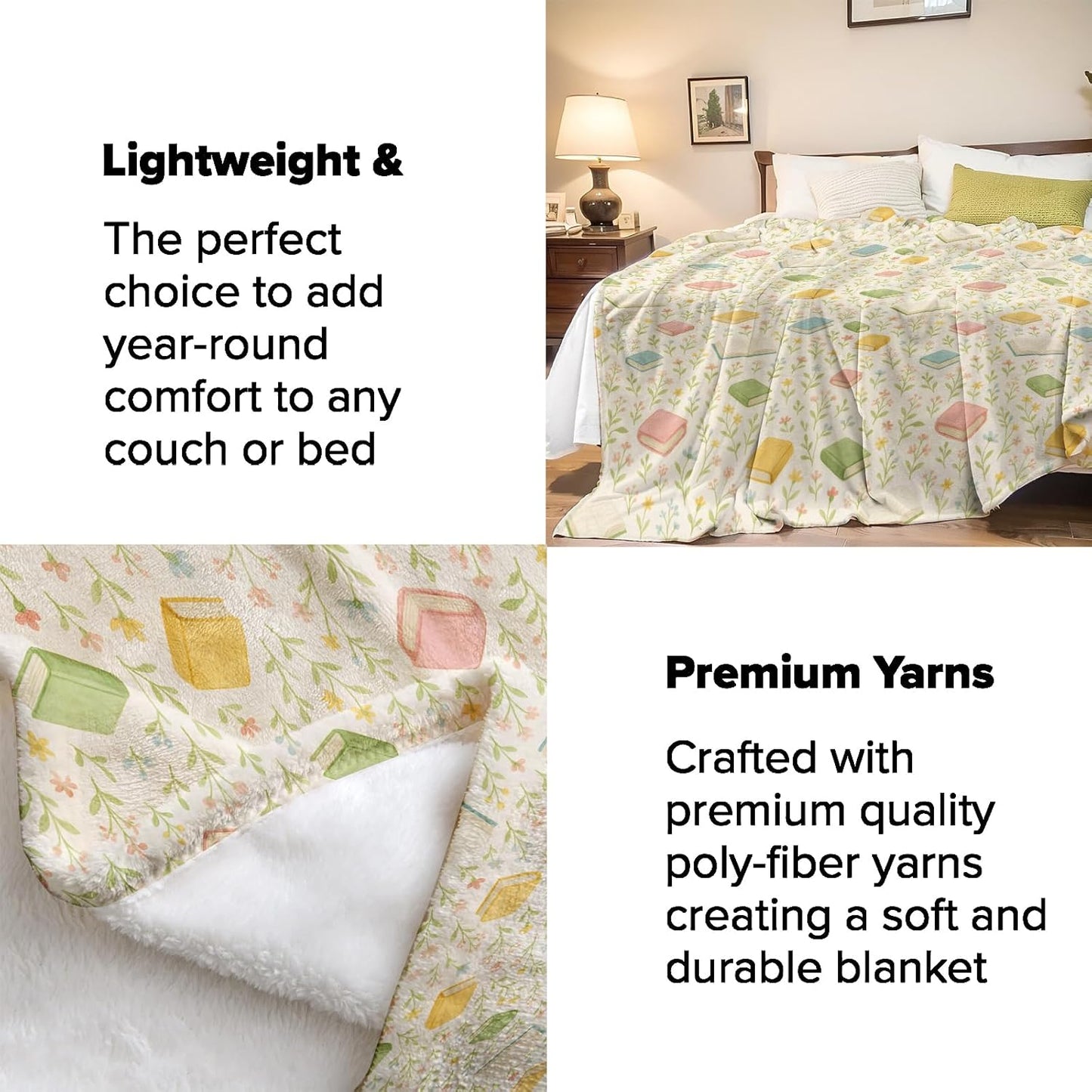 Book Pattern Throw Blanket Gifts for Adults Kids, Reading Theme Blankets for Living Room Bedroom Decor, Fuzzy Warm Flannel Plush 50"x60"