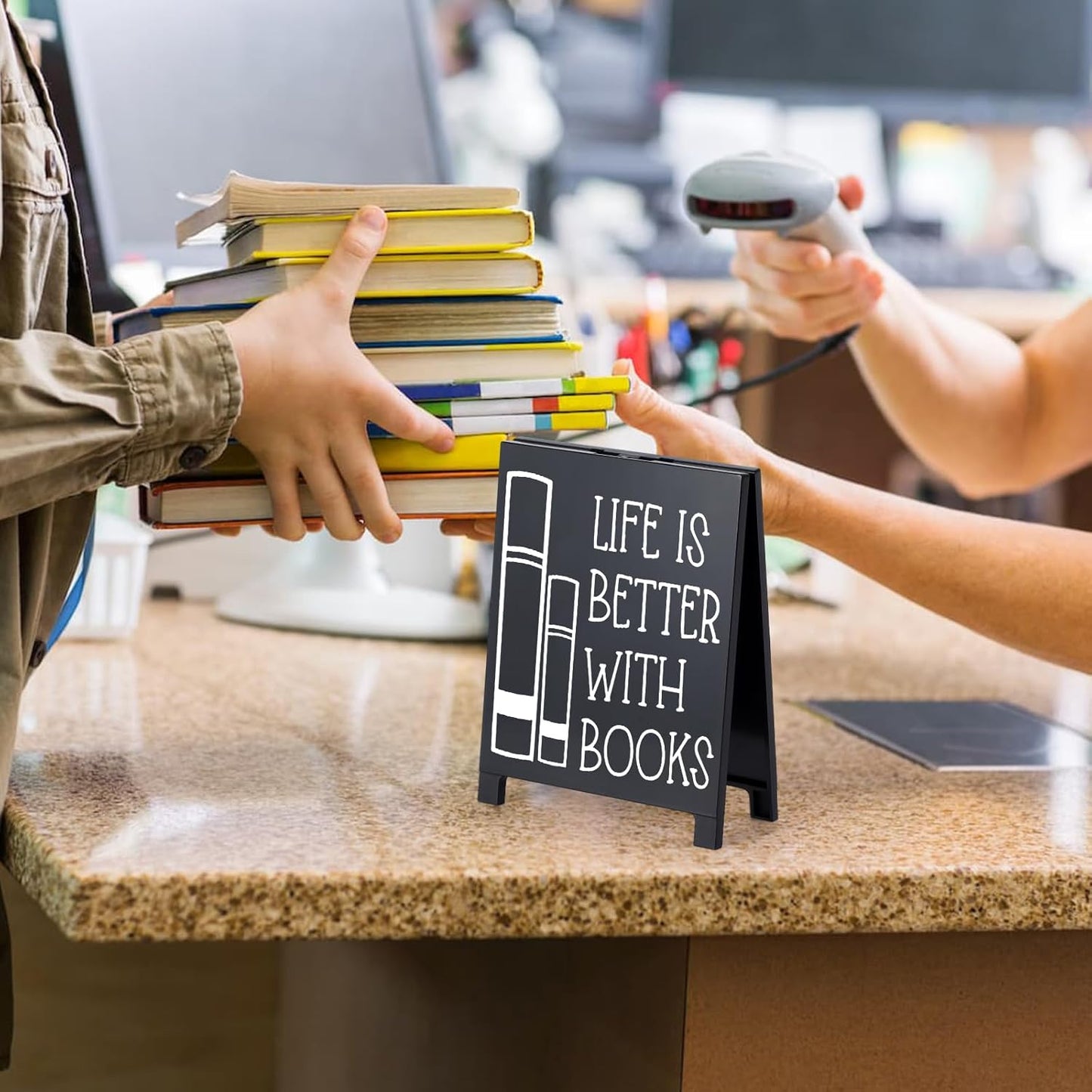 Life Is Better With Books Desk Decor Sign Retro Bookstore Table Display for Home Office Reading Nook Library Bookshelf Christmas Gift for Readers Nerd Bookworms Librarians