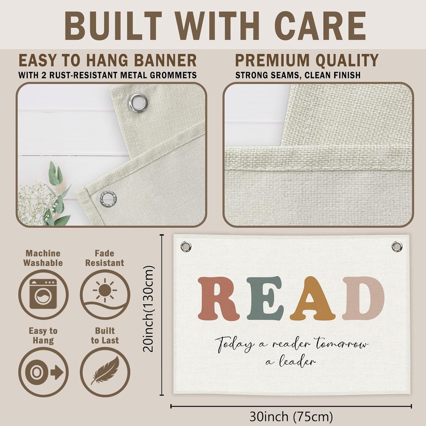 Read Banner, Boho Reading Kids Room Decor for Book Lovers Library, Nursery Today A Reader Tomorrow A Leader Canvas Flag Wall Hanging Decor Art for Playroom Toddler Room Reading Nook 20x30in