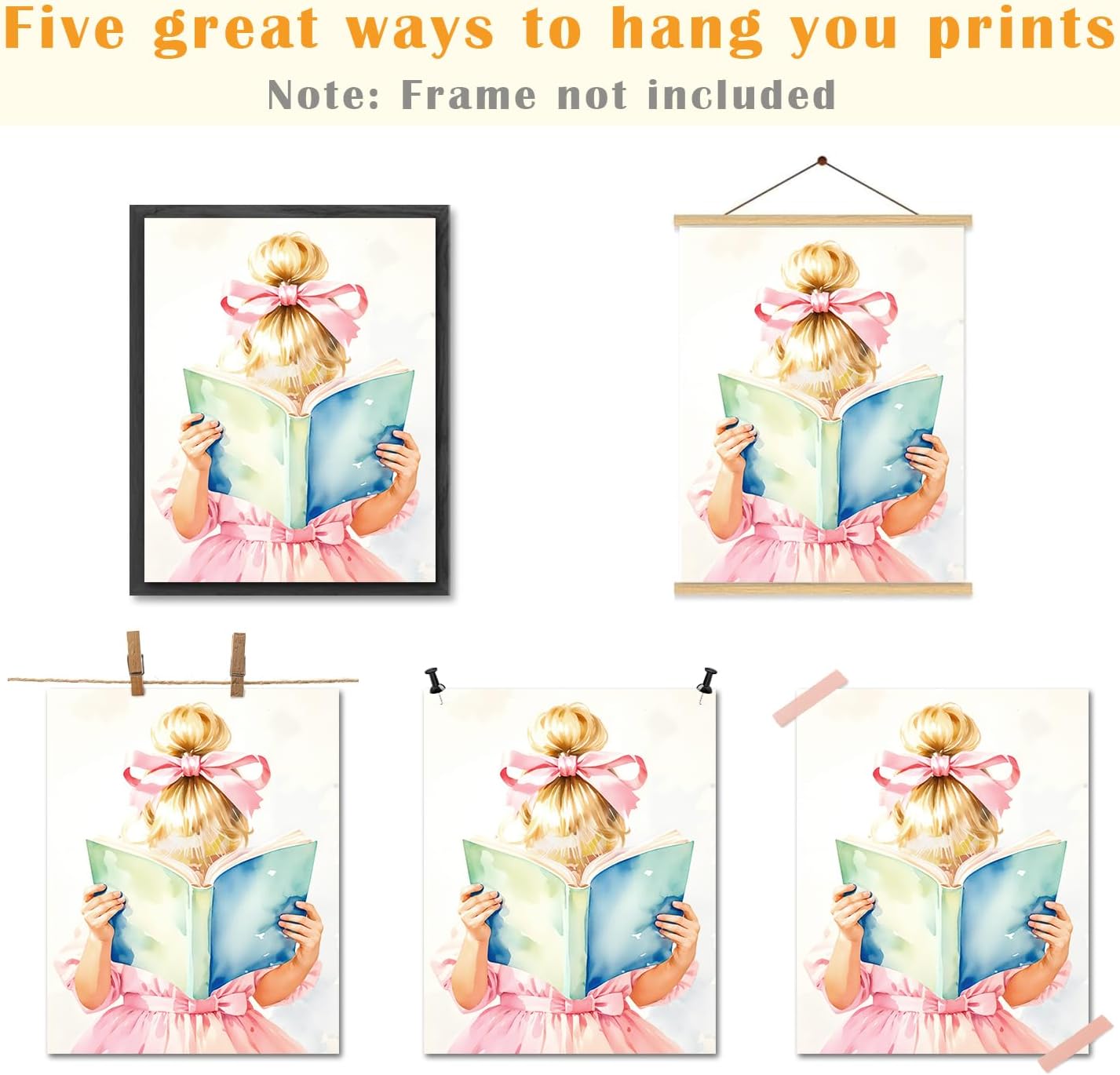 JINYO Coquette Pink Bow Book Wall Art Prints Set of 4, Reading Nook Corner Decor, Preppy Blonde Girl Book Ticket Wall Decor Posters Pictures for Library Reading Room Classroom, 8x10 Unframed