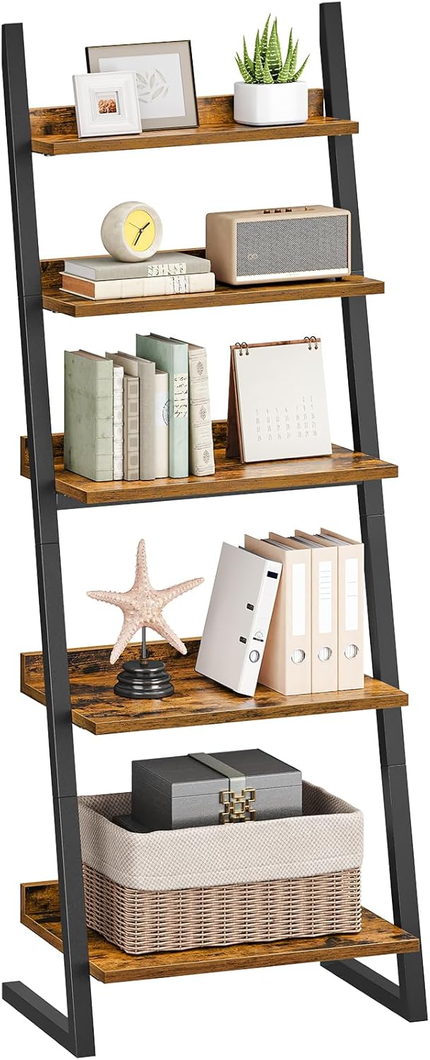 HOOBRO 5-Tier Bookcase, Narrow Ladder Shelf, Small Bookshelf, Corner Storage Shelf, Small Display Organizer for Living Room, Study, Balcony, Bedroom, Rustic Brown and Black BF150CJ01