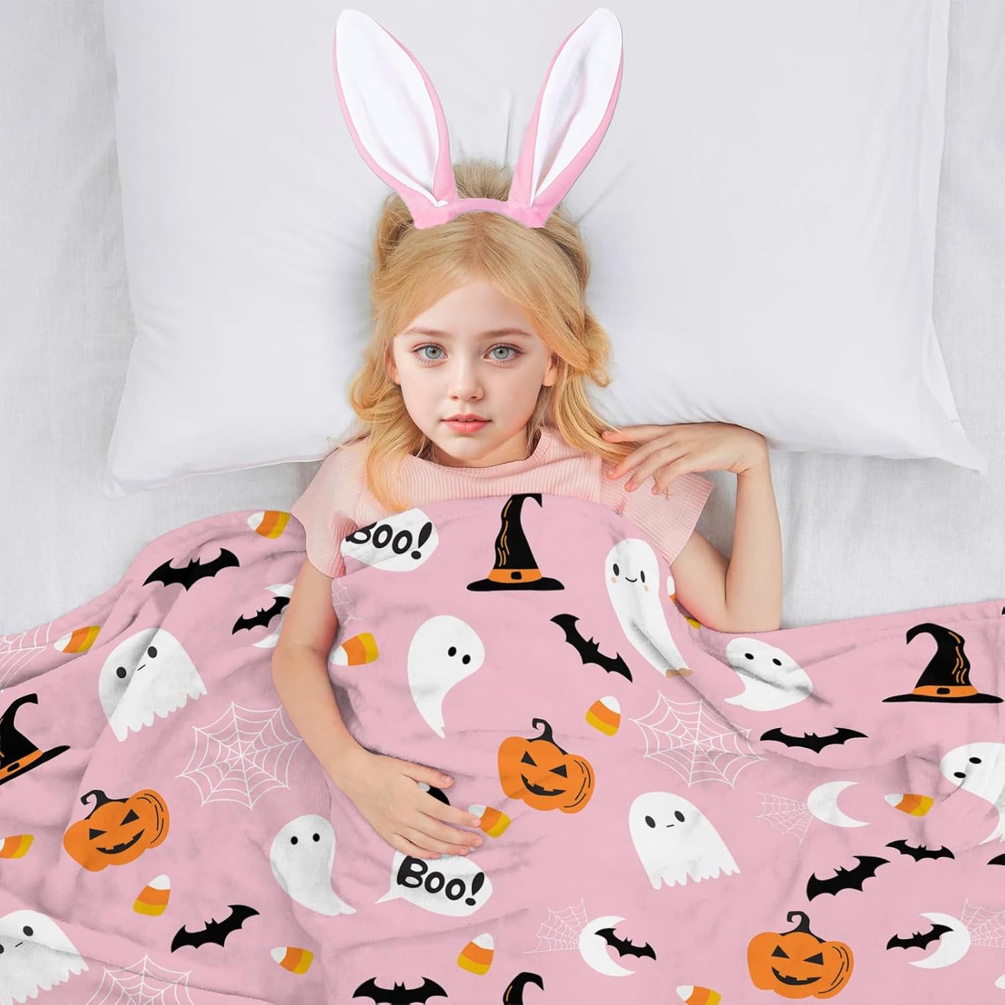 Halloween Cute Ghost Blanket - Pink With Pumpkin, Lightweight Throw for Women, Soft Cozy Fleece for Couch, Living Room, Bed - Kids Girls 50x60 Inches