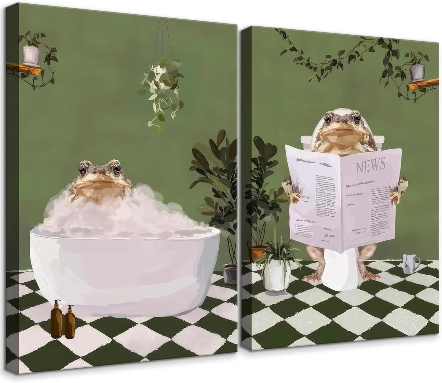 2Pcs Bathroom Frog Wall Art Creativity Aesthetic Maximalist Green Posters Pictures Frog in Bathtub Canvas Painting Funny Retro Eclectic Animal Reading Newspaper Prints Humor Toilet Wall Decor Framed
