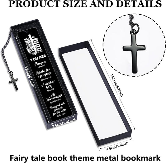Christian Metal Bookmark Man of God, Black Inspirational Lion Bible Verse Book Mark with Cross Pendant, Religious Scripture Verse Bookmarks for Man Accessories Birthday Church Baptism Gift
